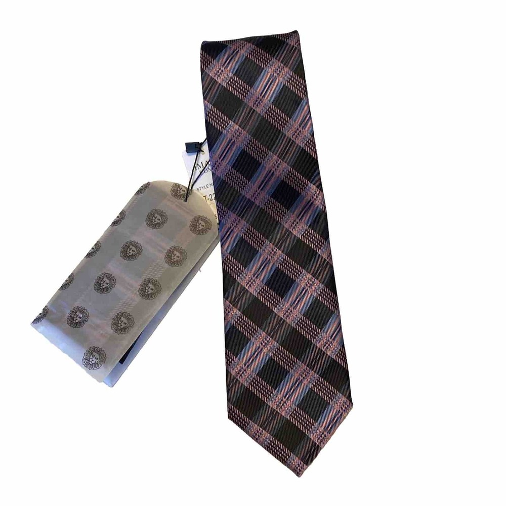 NWT IMANI UOMO PURPLE NAVY PLAID SILK TOUCH NECK TIE / HANKY NEW